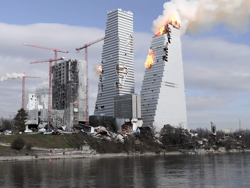 Fotomontage der brennenden Roche-Tower in Basel