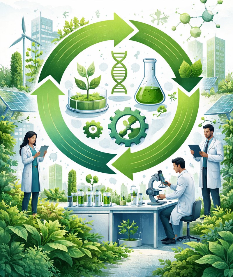 Symbolische Darstellung der Circular Economy in den Life Sciences mit Forschung, biobasierten Prozessen und nachhaltigen Kreisläufen.