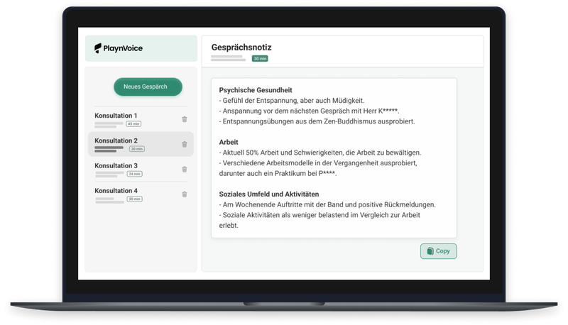 Ansicht in Playnvoice von den transkribierten Sitzungen einer behandelten Person