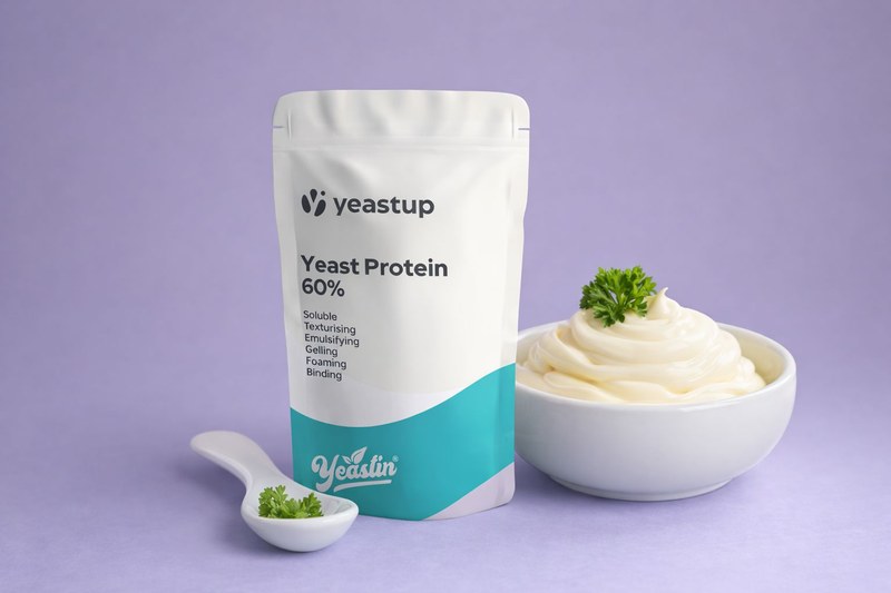 Produktfoto des aus der Hefe gewonnenen Proteins und einer möglichen Anwendung in einer Mayonnaise