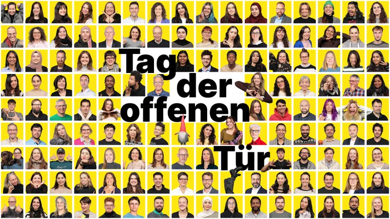 Collage von Fotos der Mitarbeitenden am FHNW Campus Muttenz und dem Text "Tag der offenen Tür"