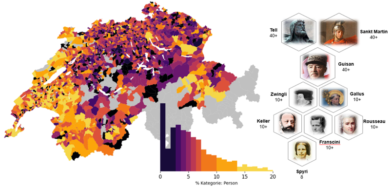 Anteil der Strassennamen (in Prozent) benannt nach Personen pro Gemeinde. Italienisch- und romanischsprachige Gemeinden wurden nicht berücksichtigt (grau eingefärbt)