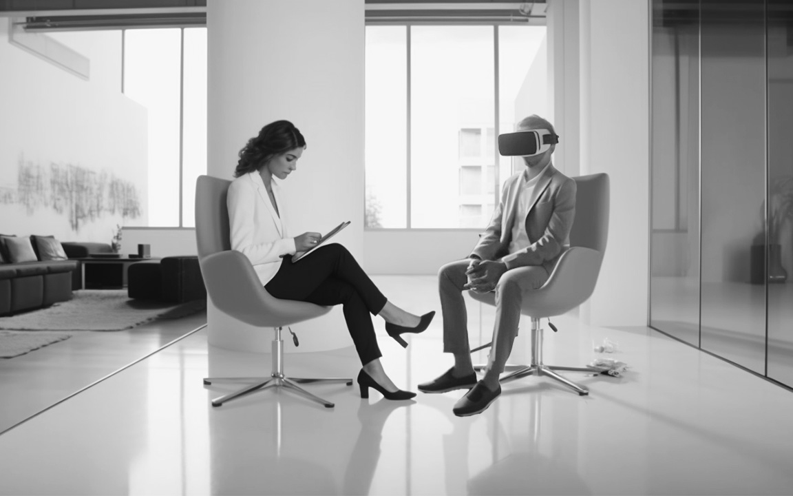 Eine Frau und ein Mann sitzen sich auf Sesseln gegenüber. Der Mann hat eine VR-Brille auf, die Frau ein Klemmbrett und protokolliert etwas.