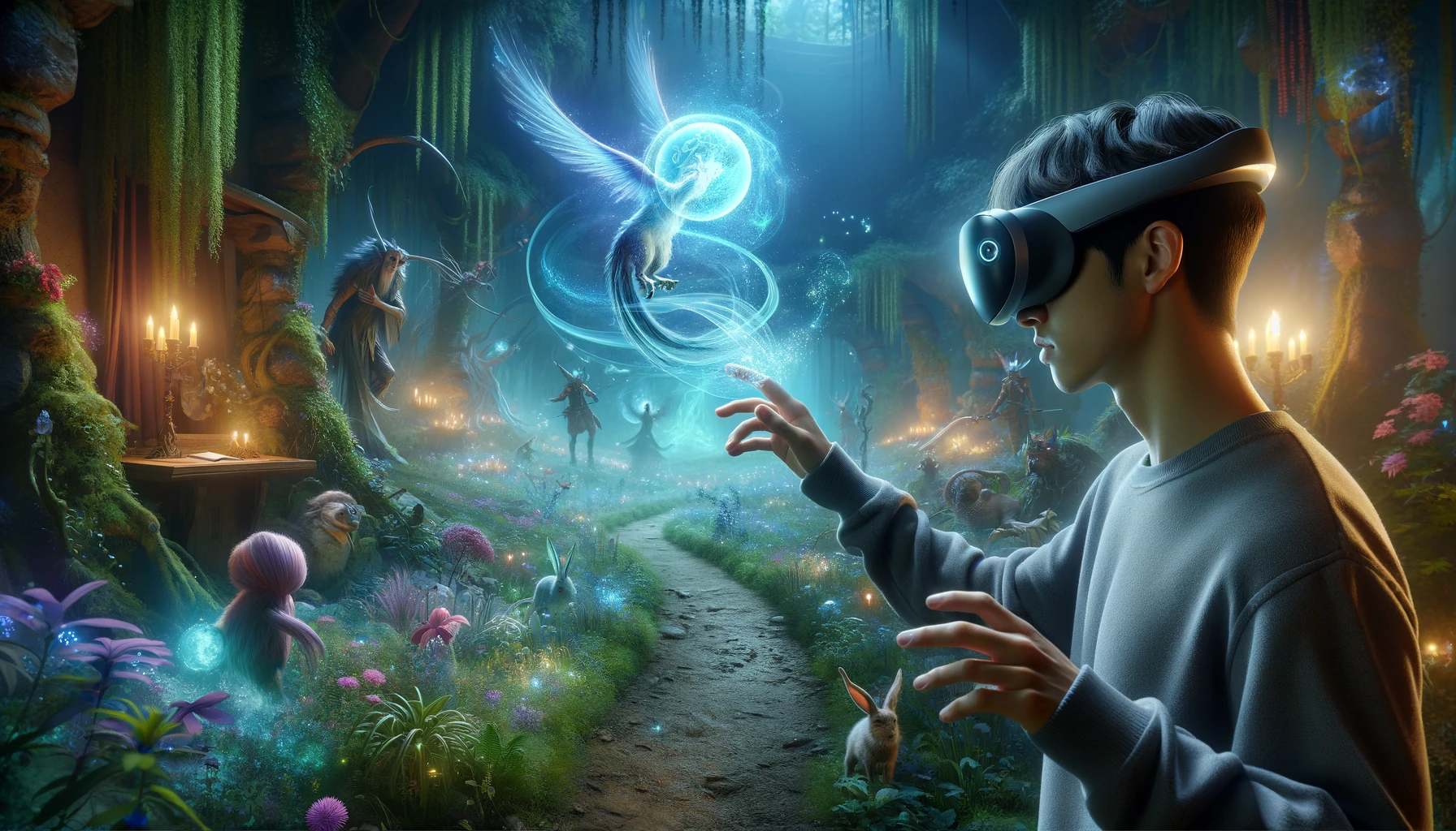 KI-generiertes Bild eines Spielers mit VR-Brille, der in einer Fantasywelt steht.