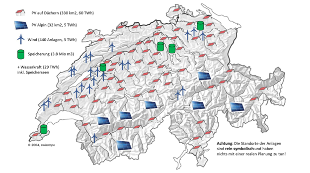 Karte der Schweiz mit möglichen Standorten für PV-Anlagen, Windenergieanlagen und Speichern