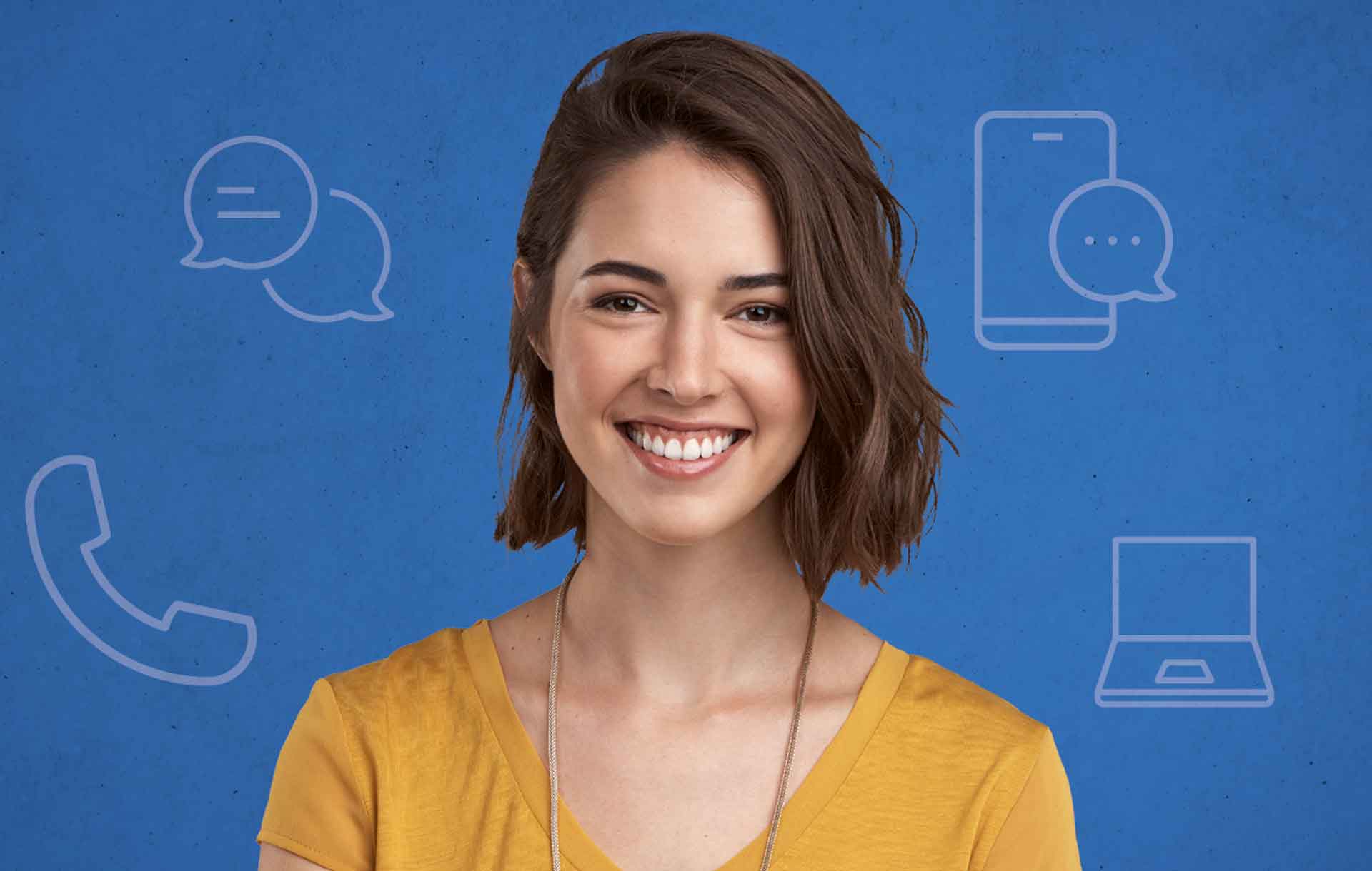 Bild zur digitalen Beratung zeigt eine Person mit Kommunikationsmedien als Icons im Hintergrund