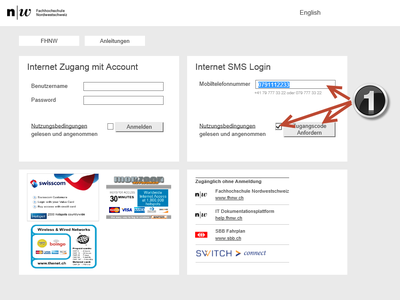 Screenshot der Login-Seite für den SMS-Account. Das Feld "Internet SMS Login" mit einer Eingabemaske für die Telefonnummer und dem Button "Zugangscode anfordern" ist hervorgehoben