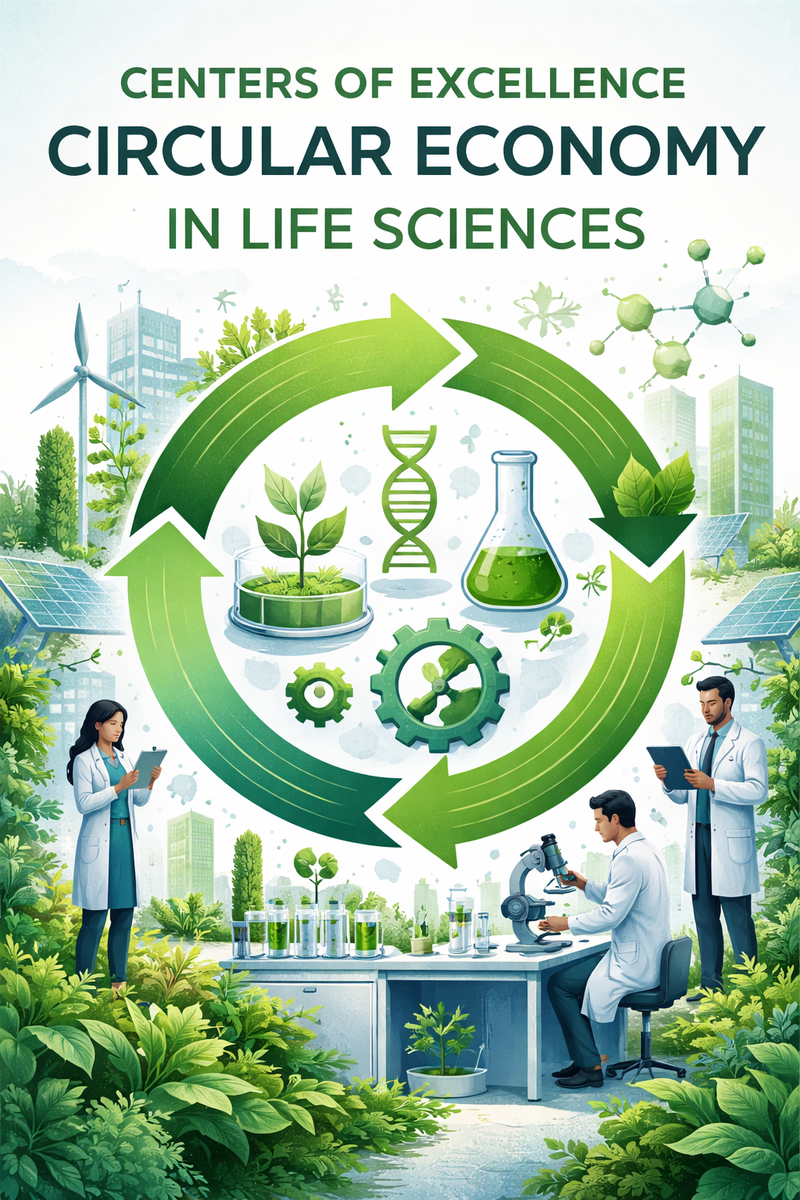 Grafik_ Grüner Kreislauf mit Symbolen der Life Sciences wie DNA-Strang, Zahnrad, Erlenmeyer-Kolben und Wissenschaftlern. Ti