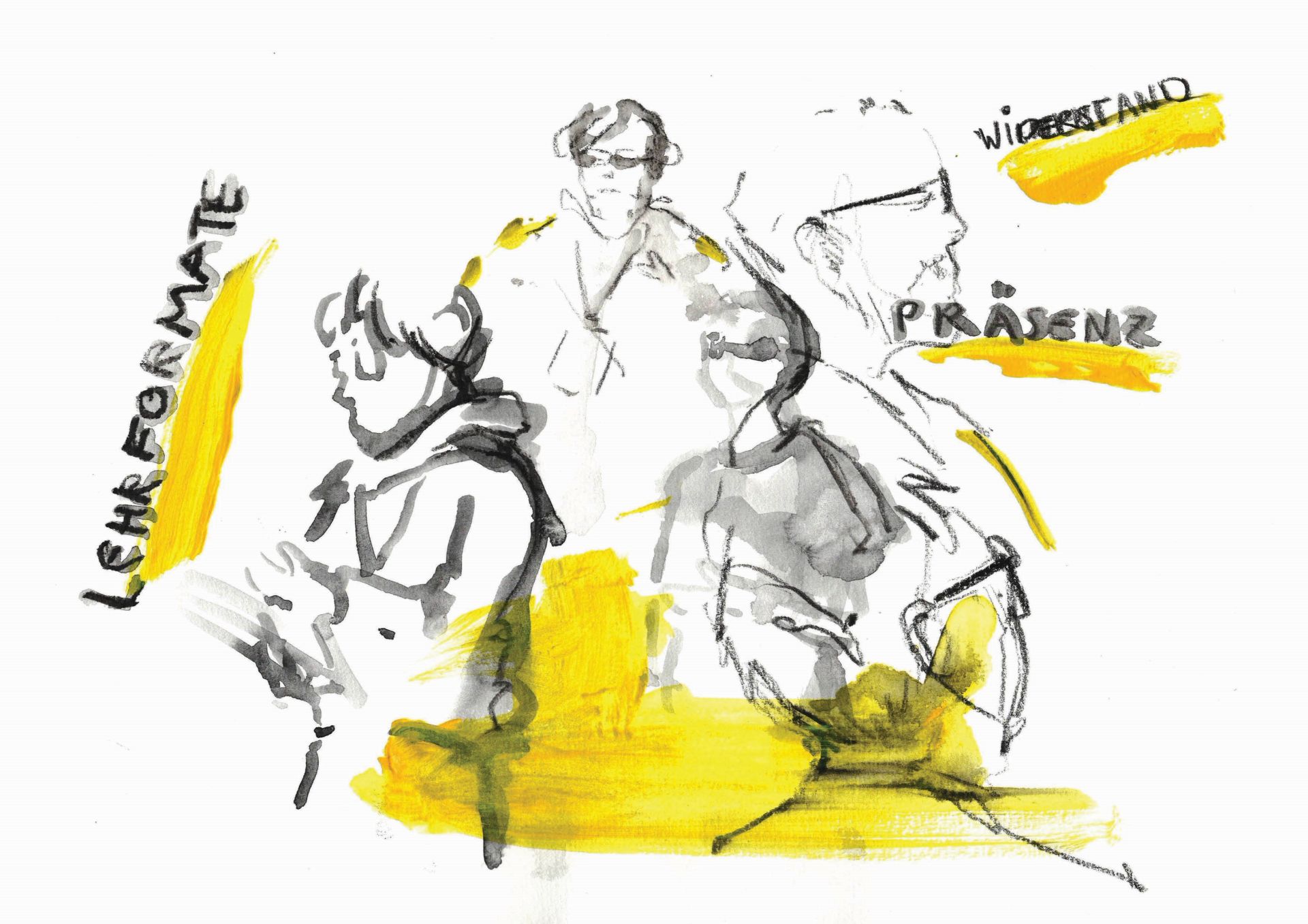 Eine Zeichnung der Umrisse von vier Personen und den Slogans «Lehrformate» «Widerstand» und «Präsenz»