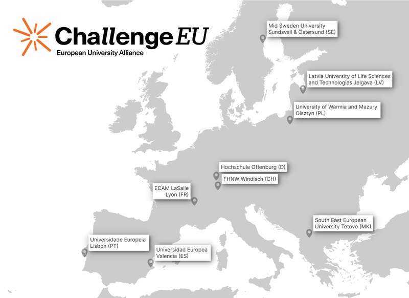 Map of Europe showing the locations of the nine universities in the alliance