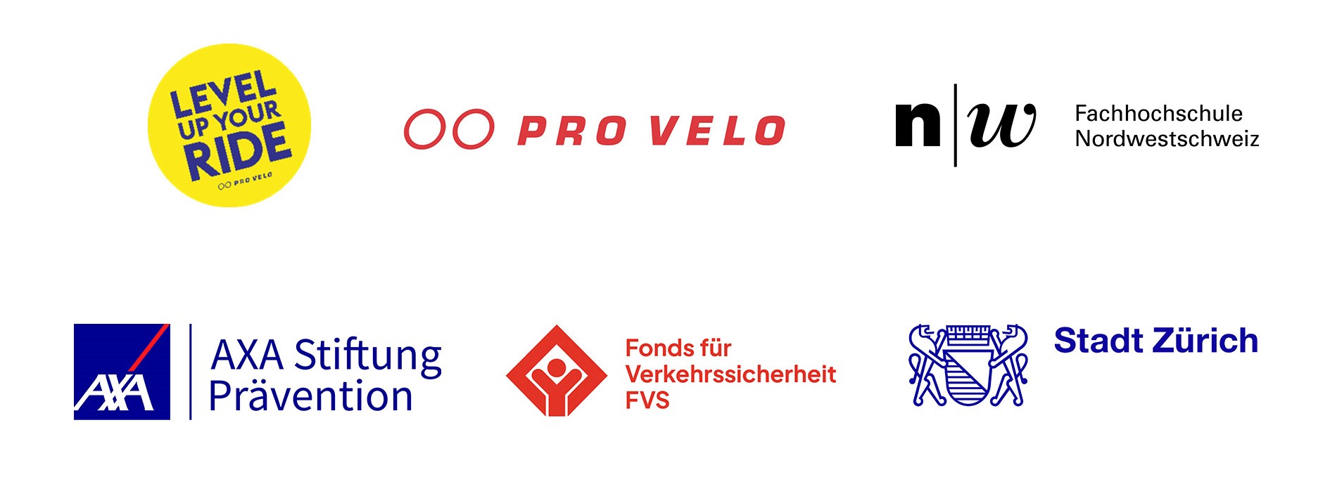 Logos von Pro Velo, Fachhochschule Nordwestschweiz, Axa Stiftung Prävention, Fonds für Verkehrssicherheit FVS und Stadt Zürich