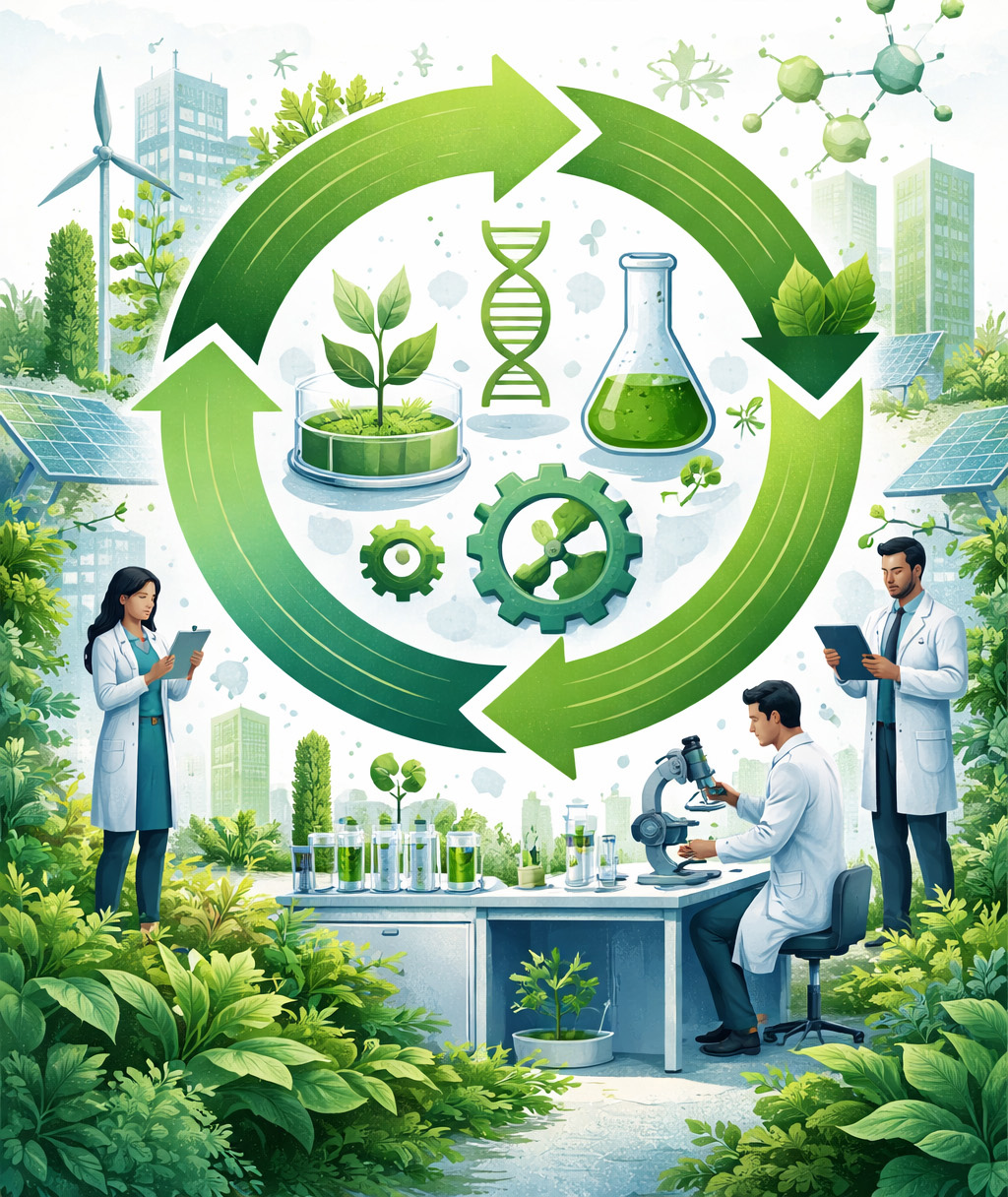 Symbolische Darstellung der Circular Economy in den Life Sciences mit Forschung, biobasierten Prozessen und nachhaltigen Kreisläufen.