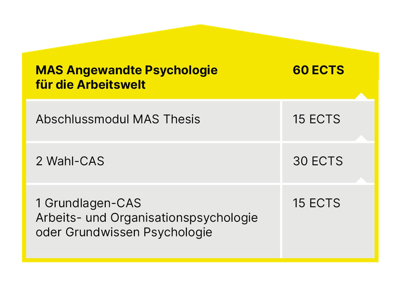 Visualisierung des Aufbaus des MAS Angewandte Psychologie FHNW mit zwei Wahl-CAS