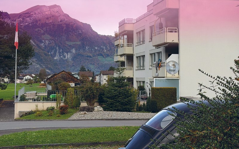 Bergpanorama, Haus, Schweizer Fahne
