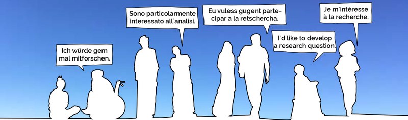 Zeichnung von verschiedenen Personen, die nebeneinander stehen und Sprechblasen haben in denen in verschiedenen Sprachen steht: Ich würde gern mal mitforschen.