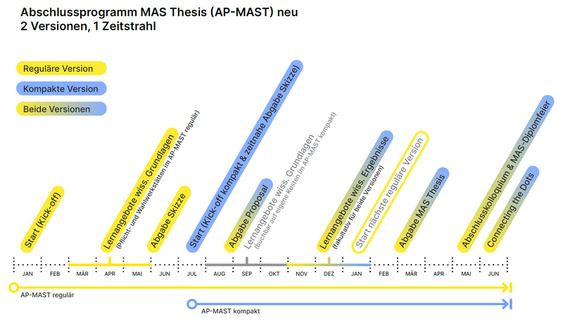 Grafik Abschlussprogramm MAS Thesis, 2 Versionen, 1 Zeitstrahl