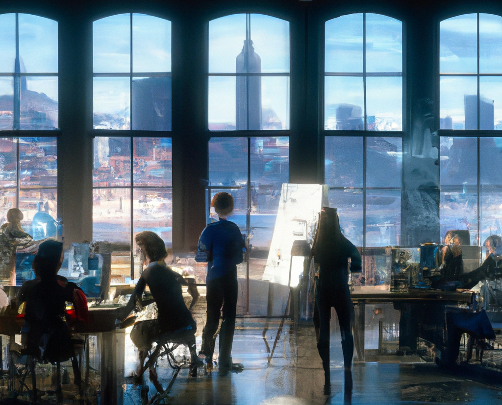 a group of people in a creative workshop with a New York City Background