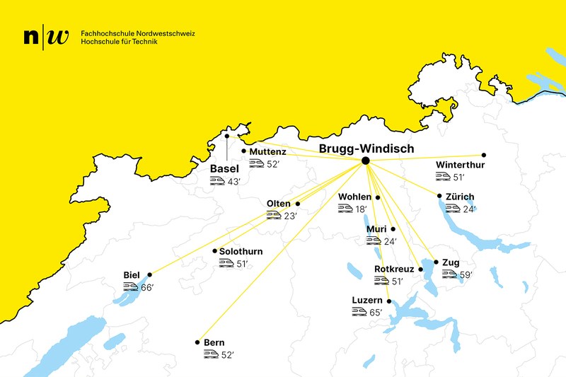 Map of switzerland, showing travel time to campus