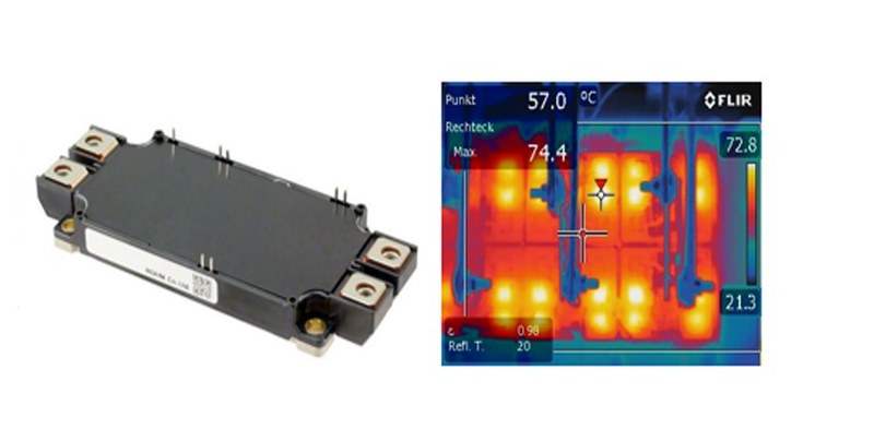 Left: Silicon carbide MOSFET module. Right: Infrared image of a power semiconductor module in operation.