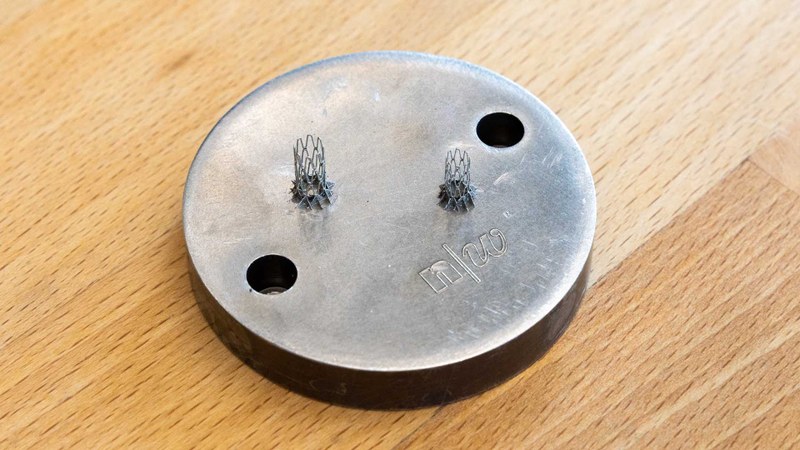 Cardiovascular stent prototypes manufactured using micro-selective laser melting (µSLM). The high resolution of this manufacturing process enables the creation of delicate lattice structures and geometrically complex designs for biomedical applications. (Platform diameter: ∼ø60 mm).