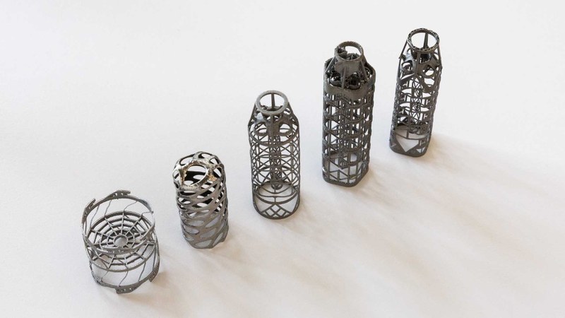 3D-printed auxetic needle drives. These cylindrical grid structures drive and guide biopsy needles. Source: Joël Karlin.