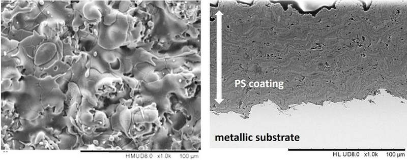 SEM image of the PS-coating. Left: Top view, right cross-section. From: N. Vogt et al, Biocompatible wear-resistant thick ceramic coatings, Current Directions in Biomedical Engineering 2(1): 31–34 (2016).