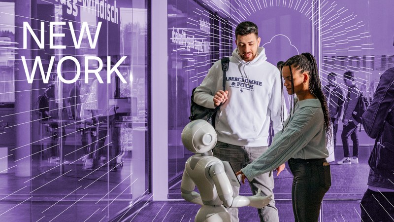 A young man and a young woman interact with an android robot. On the image is the text "New Work"