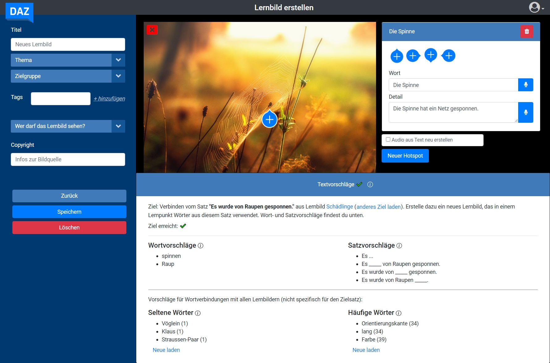 DAZonline - Neues Lernbild erstellen mit Textvorschlägen