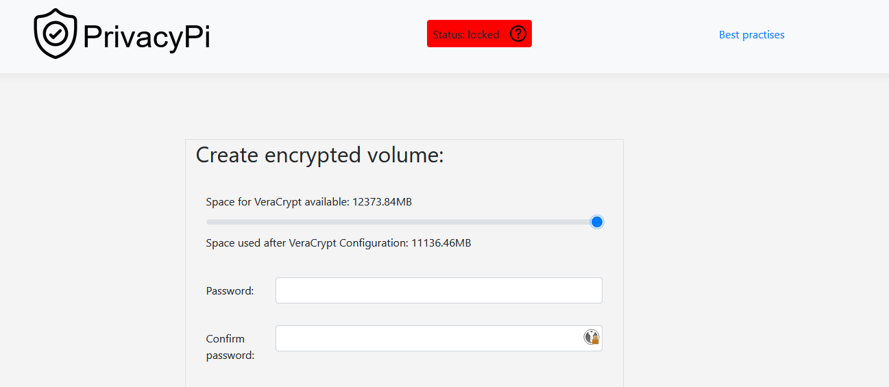 PrivacyPi website configuration of encrypted volume size