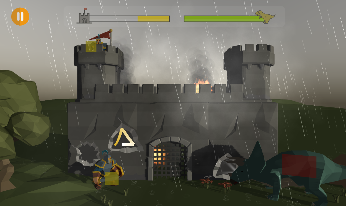 Level 3 with the dino attacking the castle