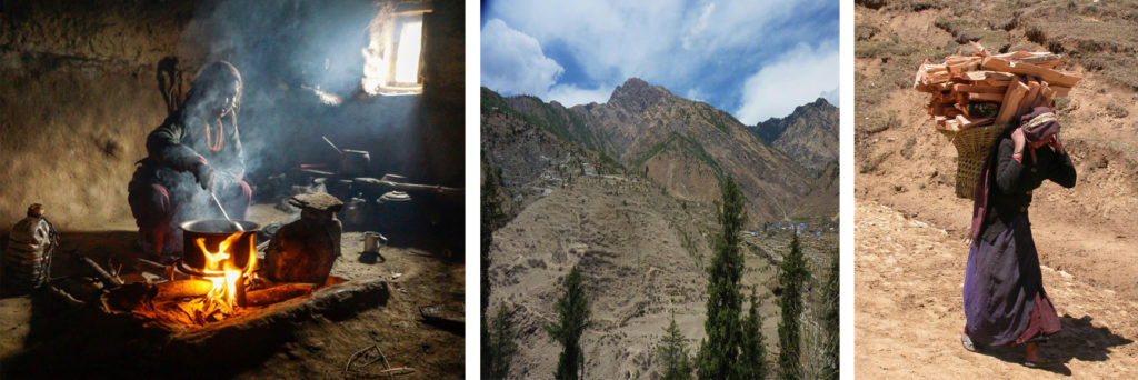 Abb. 1: Kochen auf offener Feuerstelle im Haus (links), Entwaldung (Mitte) und typischer Transport von Feuerholz (rechts), Fotos © Dr. Alex Zahnd