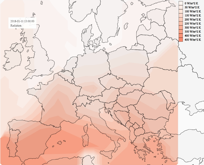 Fig. 2: Solare Einstrahlung über Europa (Echzeit-Visualisierung im SPG)