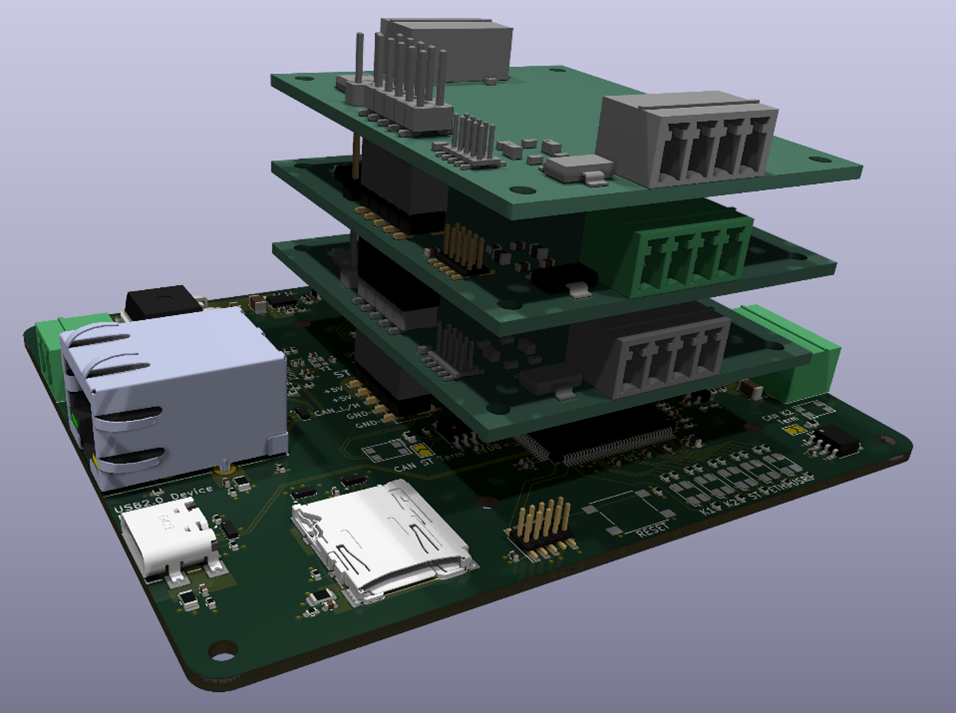 Board stack with multiple WECANT boards connected on the ICANT board.