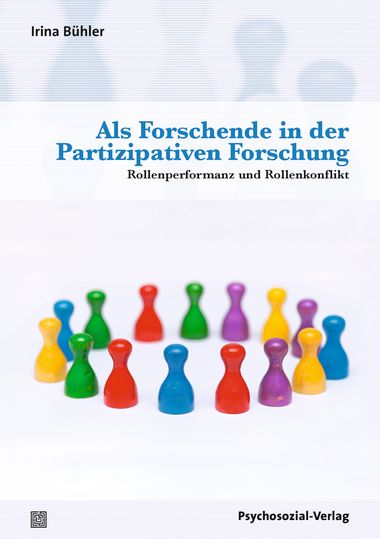 Buchcover mit Titel "Als Forschende in der Partizipativen Forschung". Bild mit Spielfiguren, die im Kreis stehen.