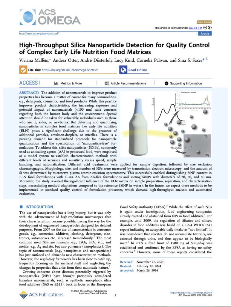 Publication ACS Omega 2024 "High-Throughput Silica Nanoparticle Detection for Quality Control of Complex Early Life Nutrition Food Matrices" Viviana Maffeis, Andrea Otter, André Düsterloh, Lucy Kind, Cornelia Palivan, and Sina S. Saxer* 10.1021/acsomega.3c09459