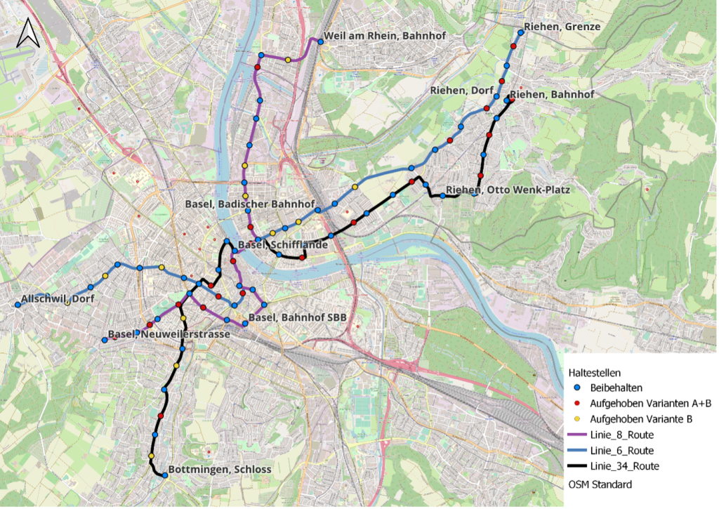 Untersuchte ÖV-Linien und Ausgedünnte Haltestellen (Hintergrundkarte: © OpenStreetMap contributors)